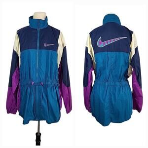 90s Nike Windbreaker Jacket M (10-12) Teal Purple Colorblock BIG Swoosh Track